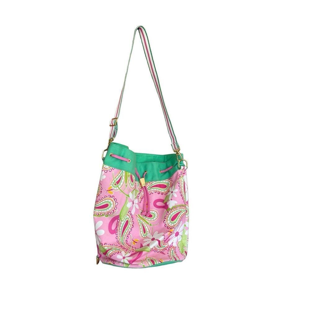 Lily Pulitzer Womens Pink Paisley Adjustable Shoulder Strap Canvas Bucket Bag - Picture 2 of 7